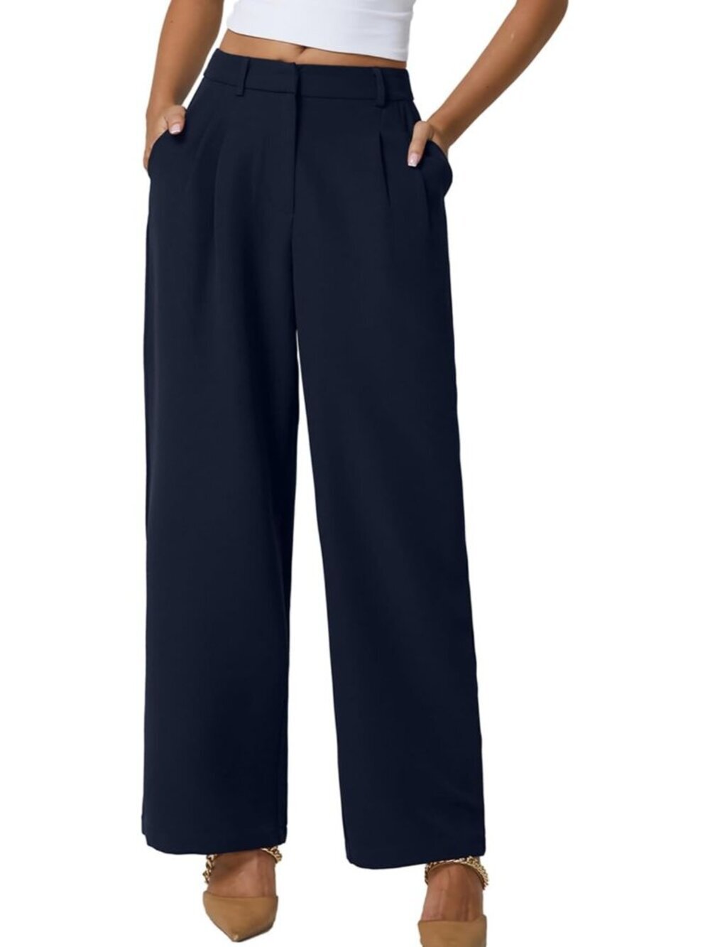Women's Navy Blue High Waisted Wrinkle Free Wide Leg Casual Slack Dress Pants